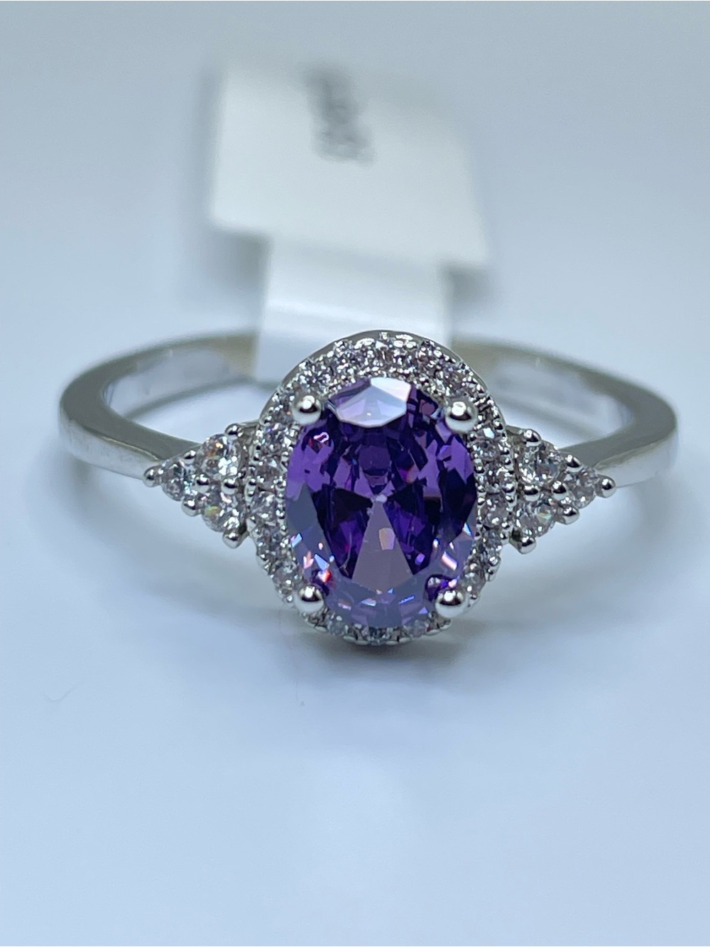 Swarovski Crystal Elements Amethyst Purple Oval Cut Crystal Halo Ring Sz 8.5